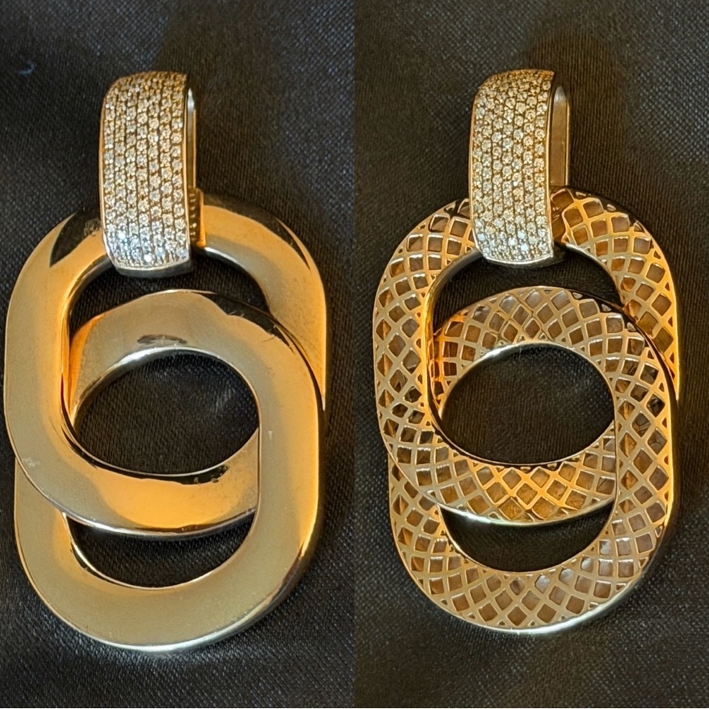 HEAVY Solid 18k Gold Interlocking Oval Pendant Necklace with Pavé Diamond Bail
